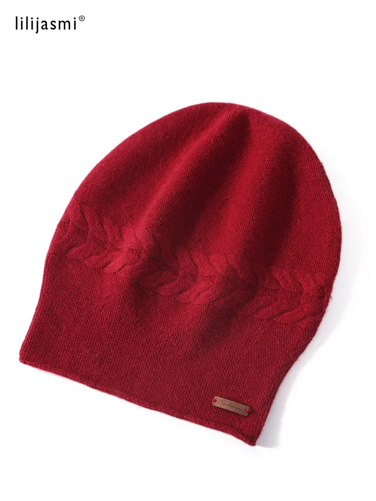 Britain Style Cable Women 35% Cashmere Beanies Simple Solid Ribbed Hem Blends Soft Knit Hat Wool Autumn Winter Warm Skull Caps