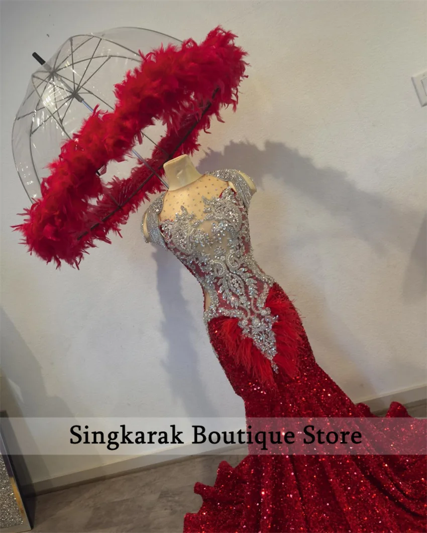 Longue Robe de Bal de Luxe avec Deux Gants, Diamants Rouges, Perles, Plumes de Citroën, ixd'Anniversaire, Réception de Mariage, Personnalisée