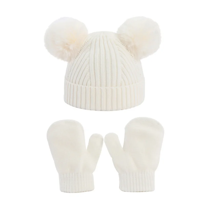 Winter Children's Knitted Hat and Gloves Two-Piece Set New Cross-Border Style Boys and Girls Baby Warm Double Ball Yarn Hat Set