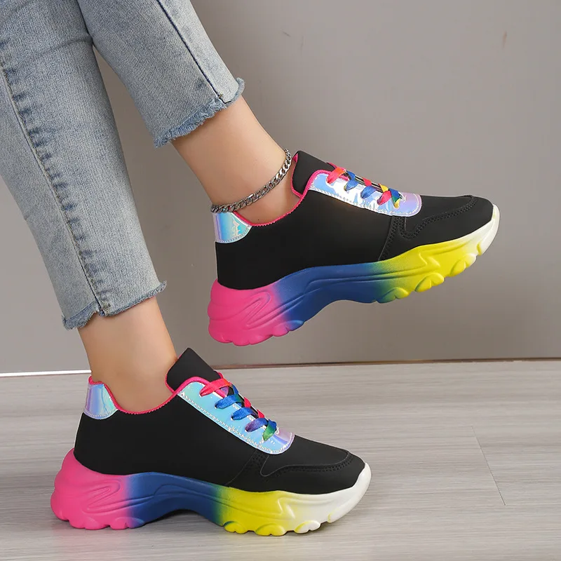 

Dad's Shoes Women's Sneakers Spring Autumn 2024 New Lady Mixed Colored Sole Wedge Outside Walking Shoes Large 35-43 Black White