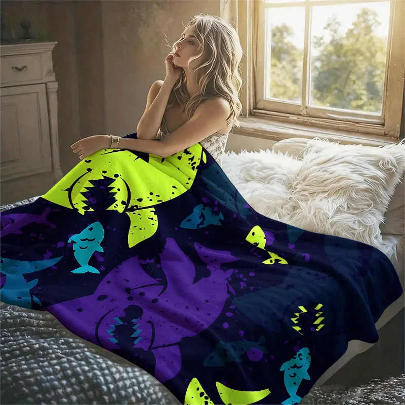 Shark Silhouettes Purple Flannel Blanket Perfect for Sofa Office Bed Travel Sleep Read Relax Camping Four Season Use