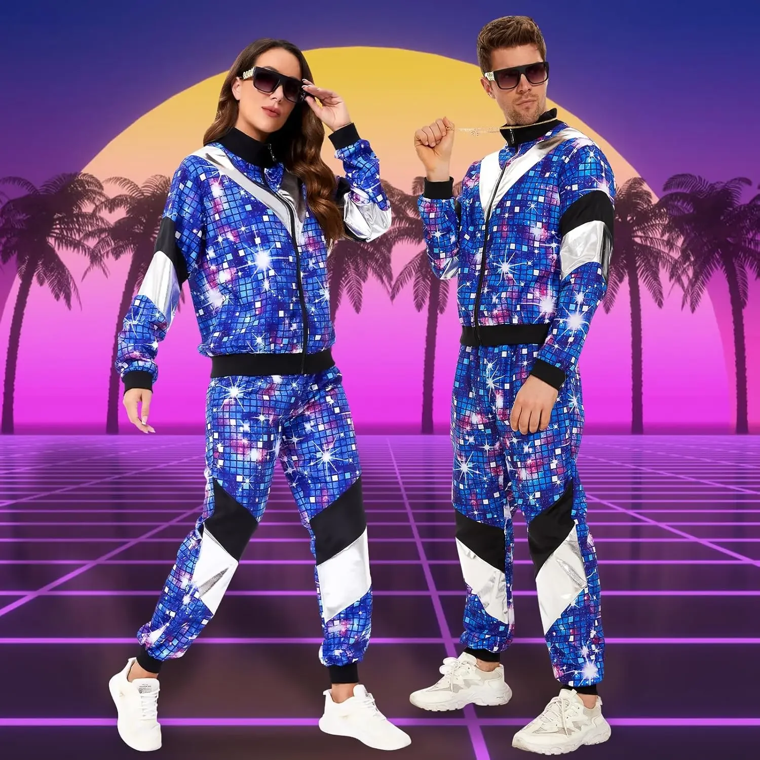 

2026 Women's Men's Costume 80s 90s Suit Party Accessories Disco Jacket Trousers Outfit Women's Men's Costume Tracksuit for
