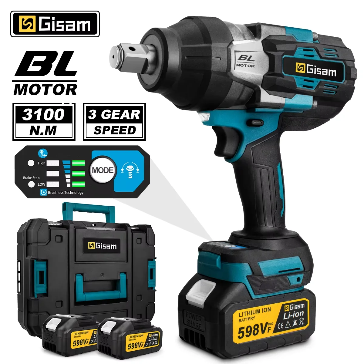 Gisam 3100N.M High Torque Brushless Electric Impact Wrench 3/4 inch Cordless Electric Wrench Tools For Makita 18V Battery Pin