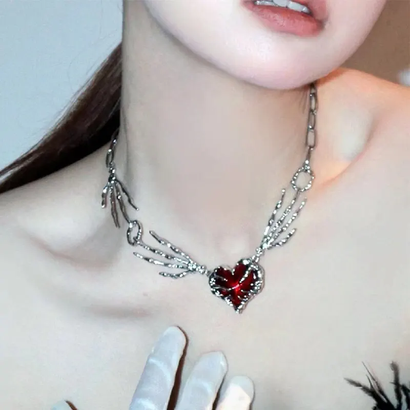 Red Peach Heart Pendant Necklace Silver-color Ghost Claw Love Short Choker Punk Exaggerated Clavicle Chain For Woman Jewelry