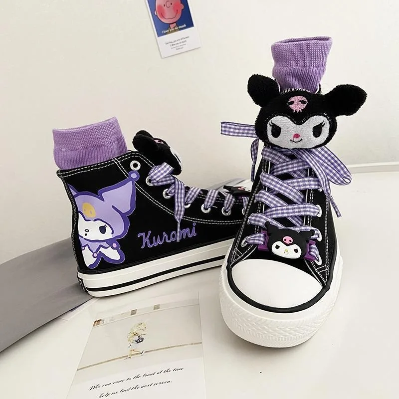 Miniso Anime  Kuromi Children High Top Canvas Shoes Kawaii Cartoon Non-slip Sole Canvas Cartoon Shoes Student Girl Gifts