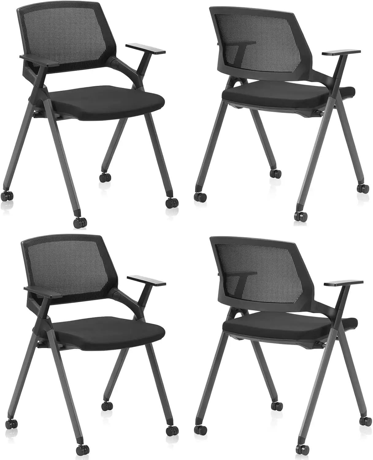 Clatina Stackable Folding Guest Reception Arm Chair With Wheels, Ergonomic Mesh Back Waiting Room Chairs With Thickened Fabric