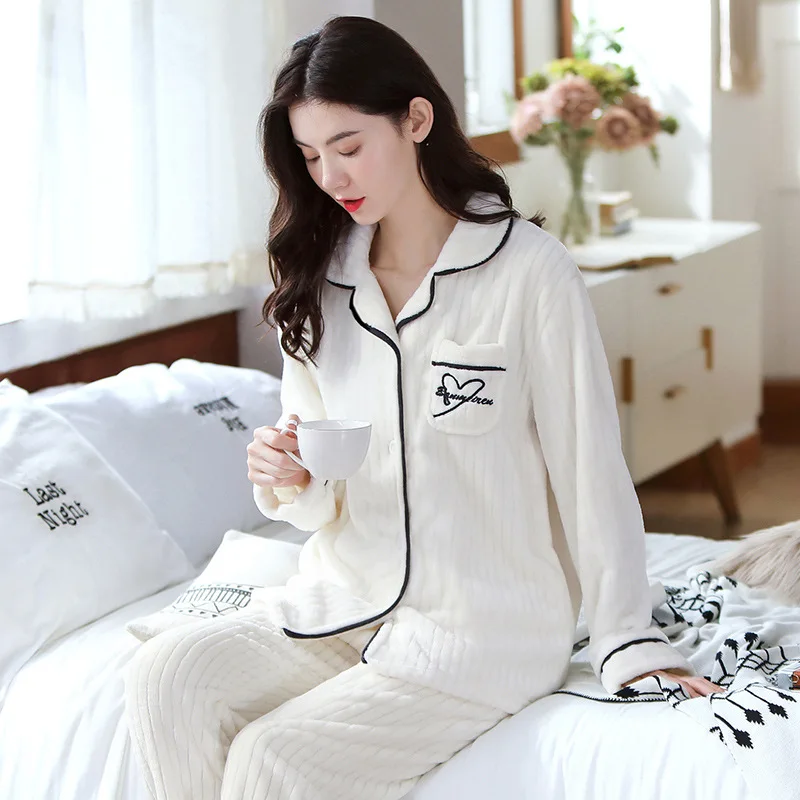 Fashionable Pajamas Set Turn-down Collar Home Clothing Women Ladies  Long Sleeves Pants Autumn Winter Kawaii Sleepwear Soft