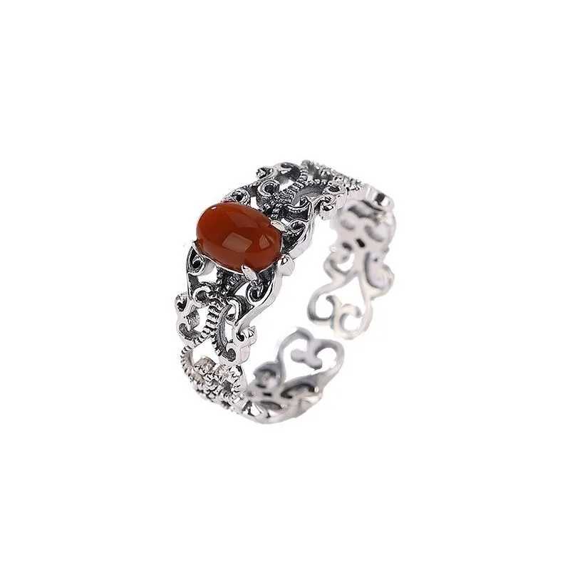 Vintage Glossy Ruyi Hollow Nanhong Agate Cabochon Ring, Elegant Chinese Style All-match Adjustable Finger Jewelry