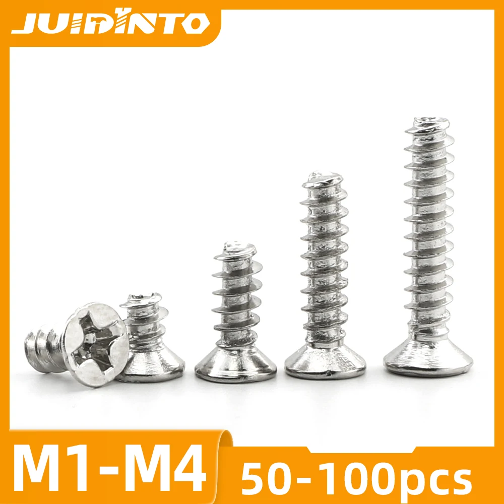 JUIDINTO Cross Flat Head Self Tapping Mini Screw Flat Tail M1-M4 Carbon Steel Countersunk Head Phillips Screws for Plastic