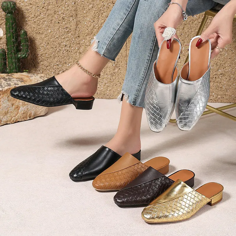 Shimmery Metallic Gold Silver Closed Toe Women Summer Slides Sandals Square Low Heels Slip-on Casual Mules Slippers Big Size 45