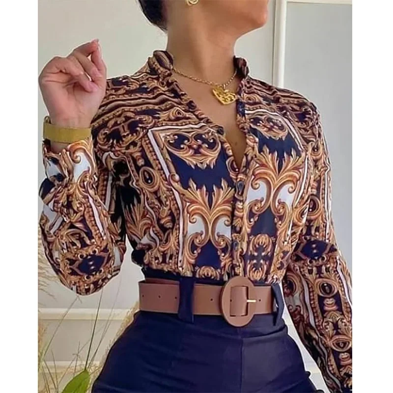 

Fashion Women's Two-piece Set Print Stand Up Collar Single Breasted Long Sleeved Shirt Female's Top and Shorts Suit 2024 Summer