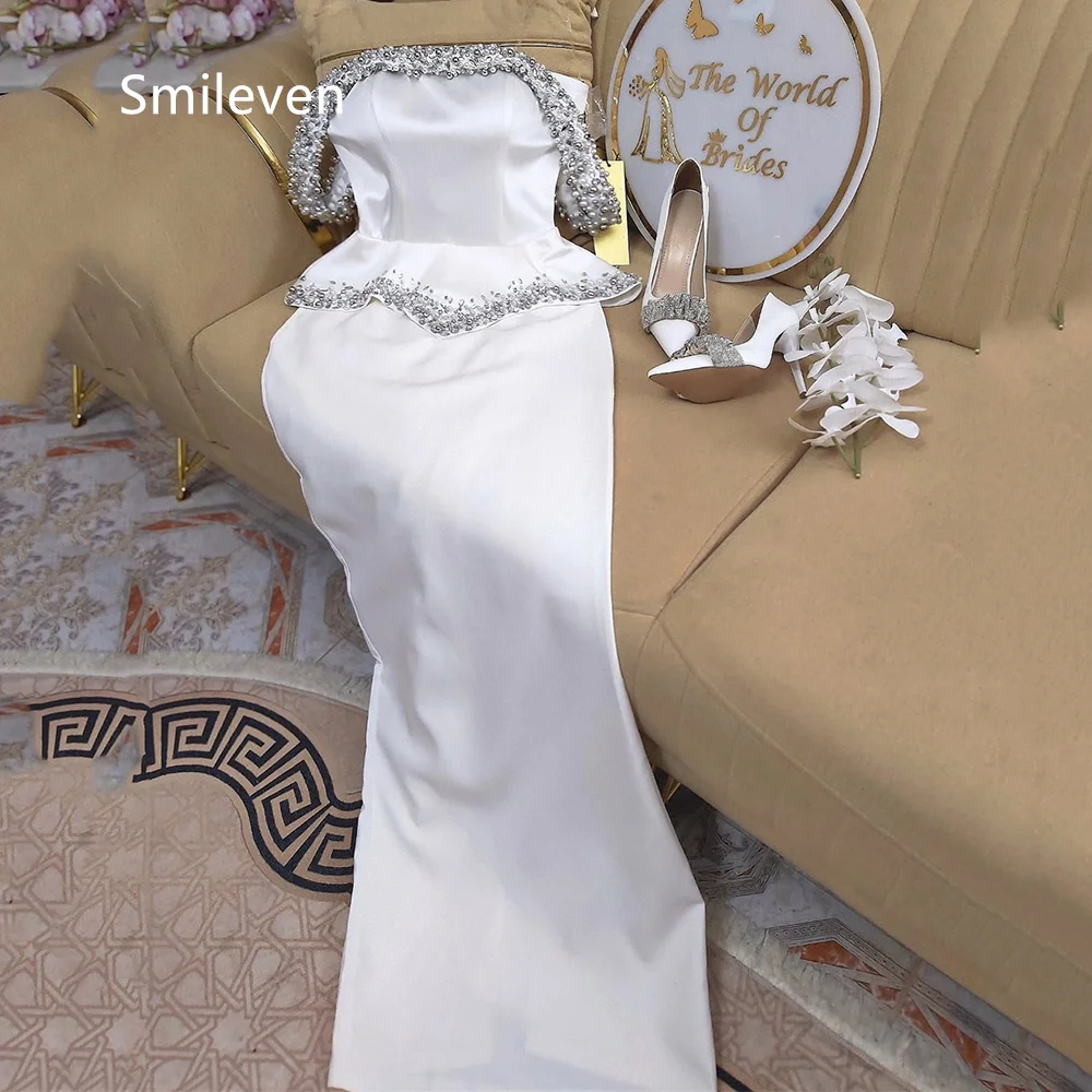 Smileven White Satin Mermaid Wedding Dresses Off Shoulder Short Sleeve Bridal Dress Beaded Rhinestone Peplum Gowns Customized