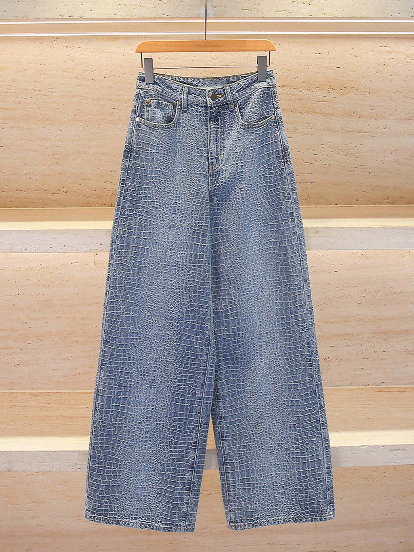 

High Waist Wide Leg Denim Jeans Women's Spring Summer Glitter Crocodile Pattern Casual Style High Waist Jeans Blue Color