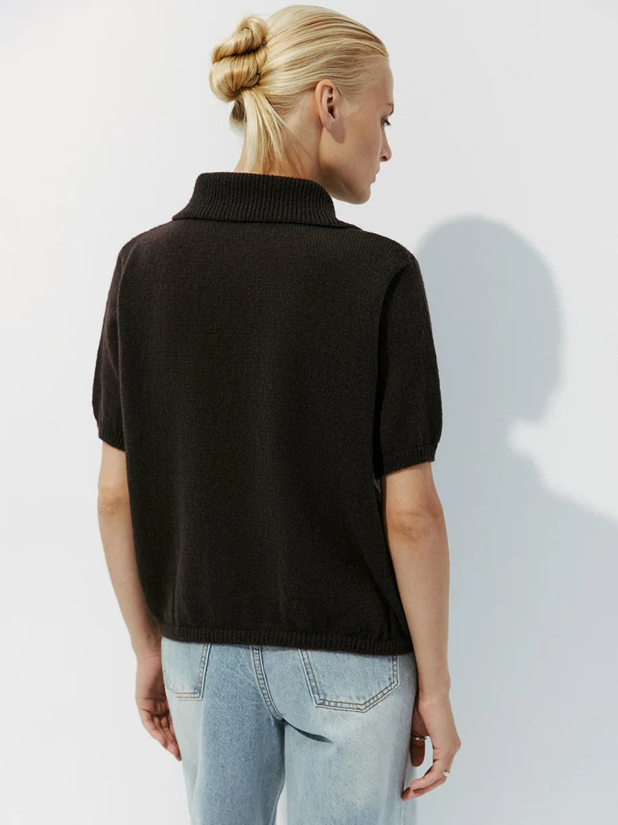 Bronladies Damen Polo Hohlstrick Kurzarm Pullover Frühling Sommer Puffärmel T-Shirt Damen Einfacher Strickpullover – Detail 25