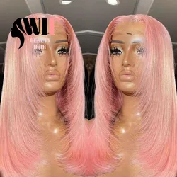 WIF Light Pink Layered Straight Hair Lace Wig Middle Part Pink Layered Haircut Synthetic Lace Front Wigs Heat Fiber Cosplay Use