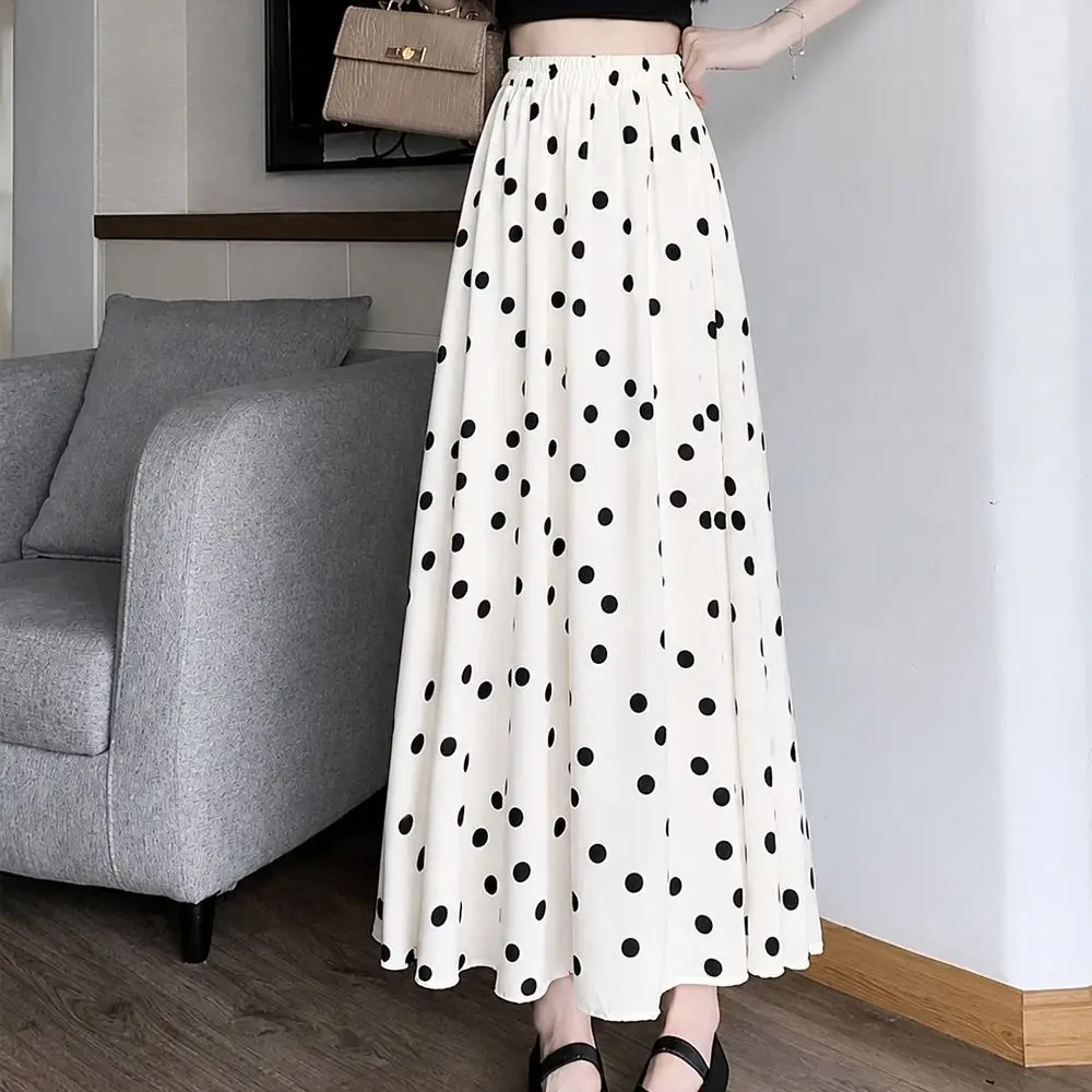 Polka Dot Polka Dot Maxi Skirt High Waist Elastic Waist Women Long Skirt A Line Lightweight High Waist Skirt Beach Vacation