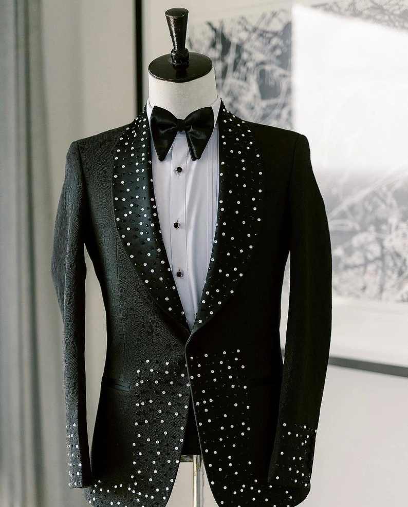 Luxury Beaded Men Suits for Wedding Party 2 Pieces Formal Groom Tuxedo Slim Fit Male Fashion Suit Jacket with Black Pants 2024