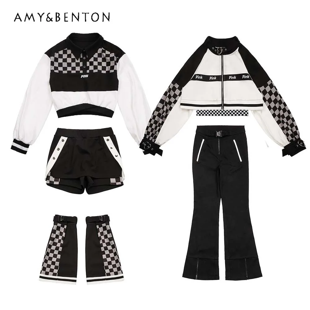 Spring Summer New Hot Girl Y2K Street Color Matching Coat High Waist Slim Wide Leg Pants Harajuku Two Piece Sets Womens Outifits