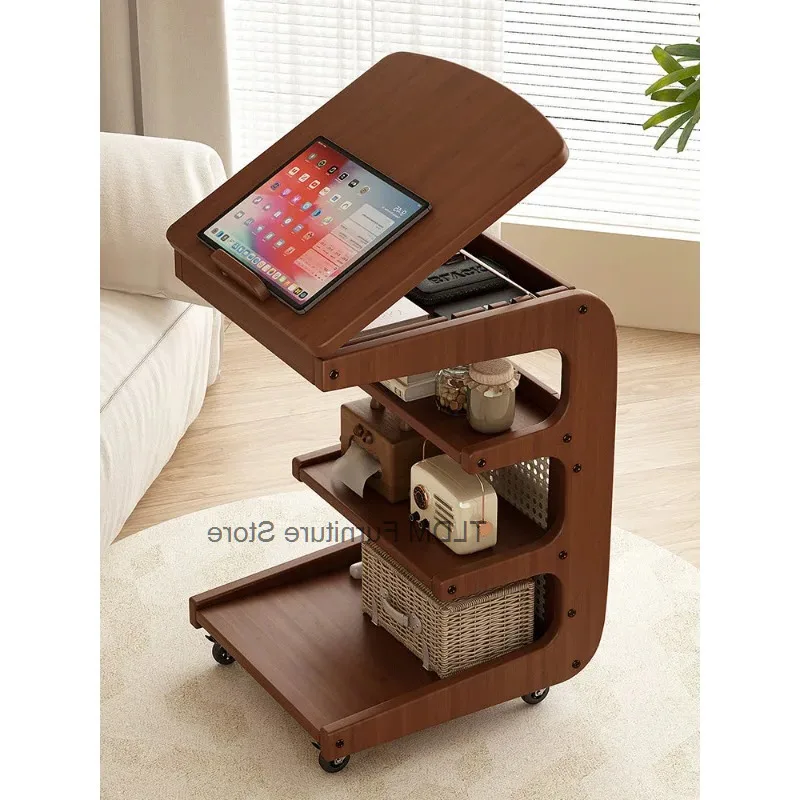 Cart Lift Top Magazine Rolling Side Rattan Table Multi Rack Tier Storage Panel Mobile End Table for Living Room Bedroom Sofa
