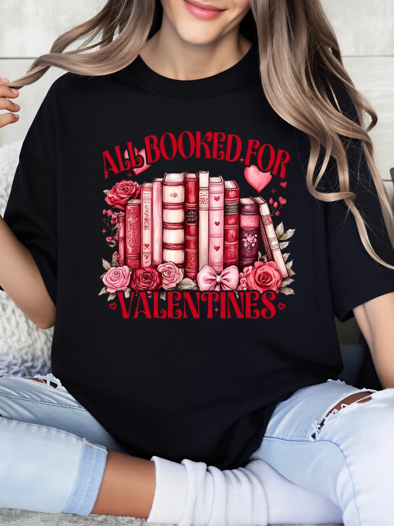 

All Booked for Valentines Books and Roses Print t Shirt Valentine's Day Women Casual Wear Black Plus-Size