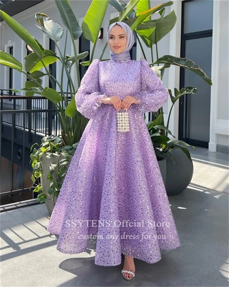 Luxury A-line Glitter Muslim Prom Dresses High-neck Long Sleeves Sequined Engagement Gown Arabic Formal Occasion Evening Dress