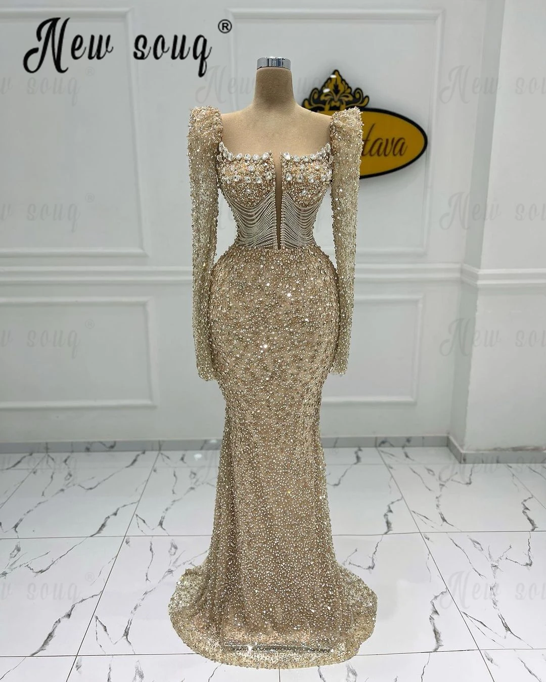 Long Light Champagne Beaded Evening Dress Sparkly Prom Party Gowns Women Luxury Elegant فساتين سهرة فخمه  Vestido Festa2024