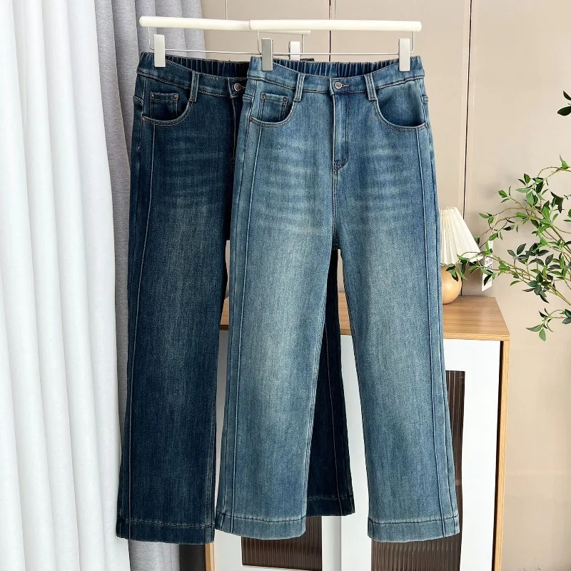 

2026 Washed Denim Straight Pants Women's Vintage Fleece Stretch Jeans Autumn Winter Warm Casual Trousers Large-size Female Jeans