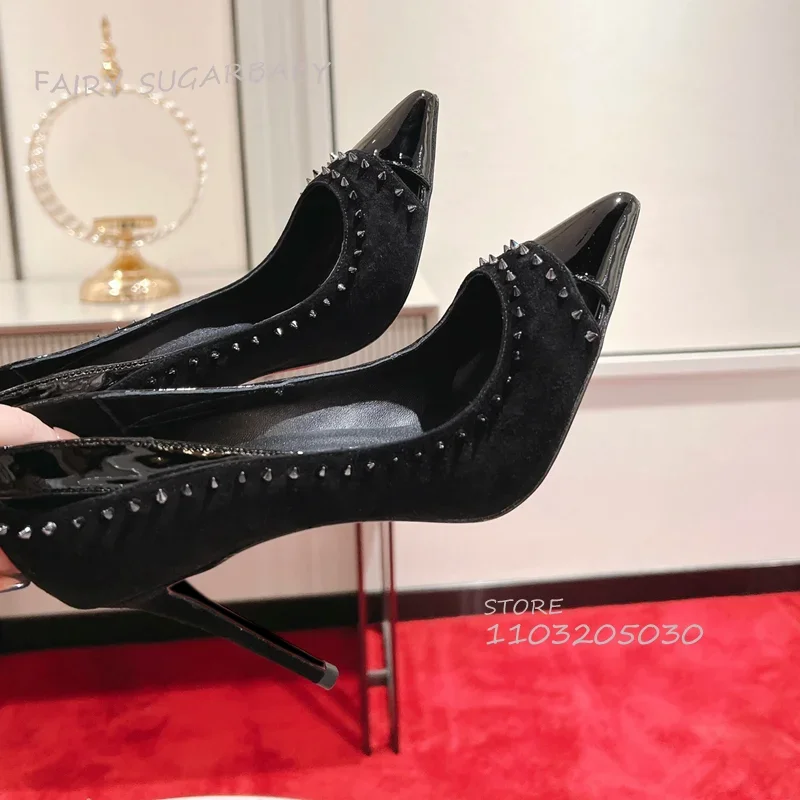 Bright Bright Yellow Rivets Hollow Stiletto Pump Women Glossy Leather Black Sexy Heels 12Cm Pointed Shallow Sandals Elegant Shoe