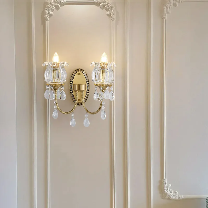 French retro brass crystal wall lamp light luxury all copper bedroom bedside lamp entrance entrance