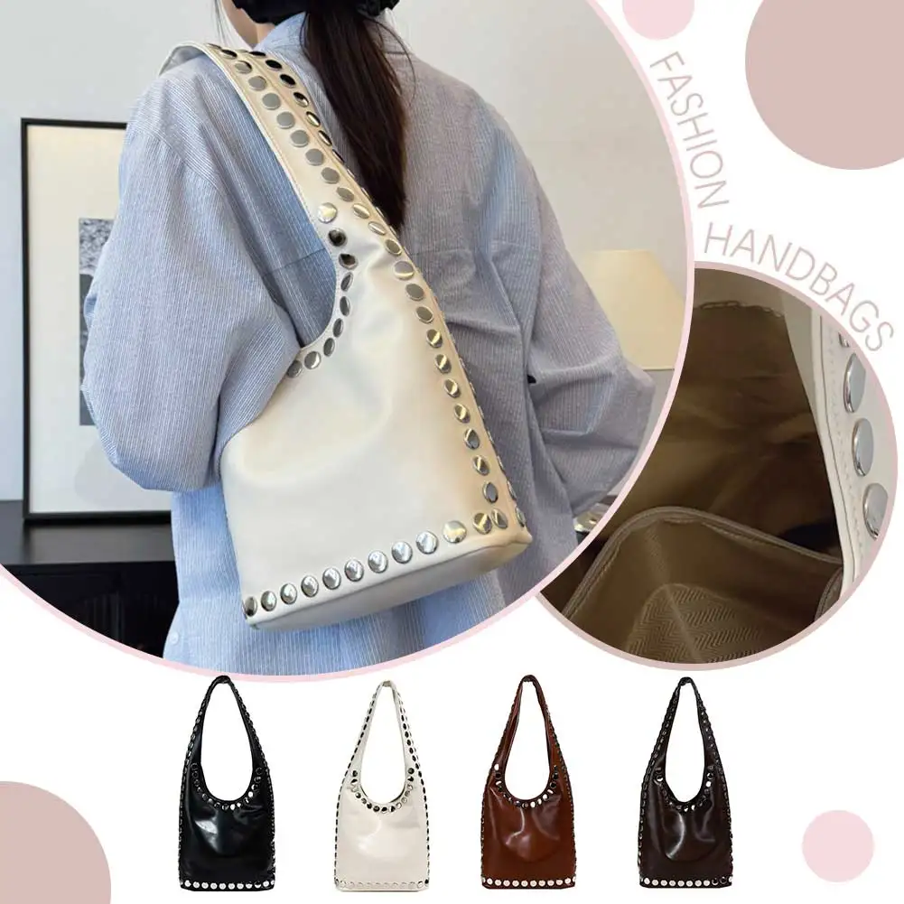 

Women Vintage Shoulder Bag Large Capacity Retro Underarm Bag Magnetic Closure Trendy Rivet Tote Bag Shopping Vacation Handbag