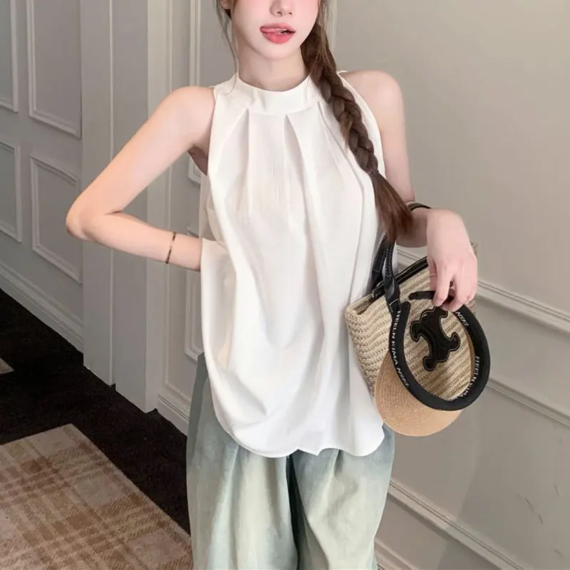 Casual Fashion Pleated Shirts Female Clothing Solid Color Basic Summer Sleeveless French Style Halter Loose Sweet Folds Blouse
