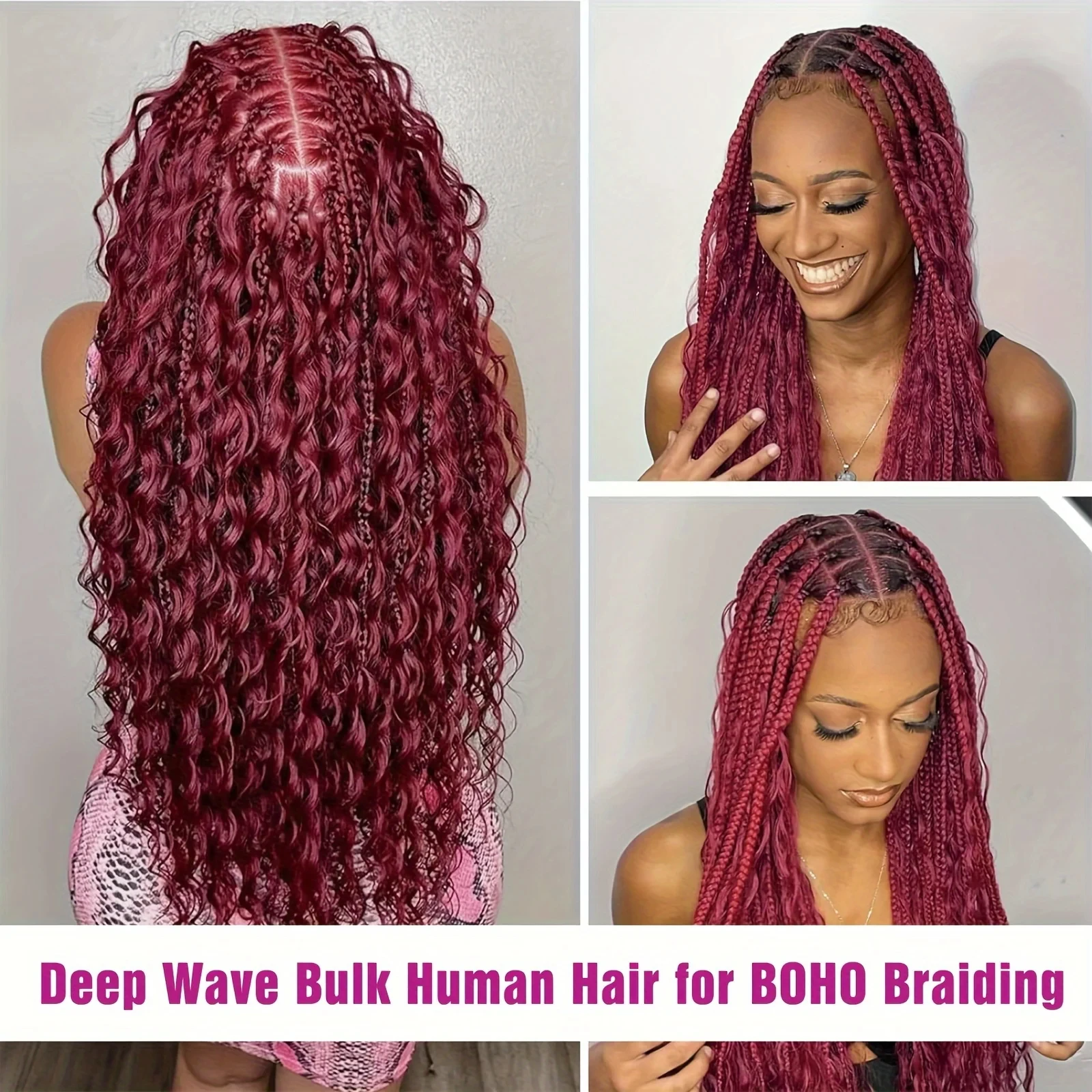 Nine-Bourgogne-Bundles de cheveux humains bouclés pour Boho Braids, No Weft Deep Wave, 100% cheveux humains, 99J #