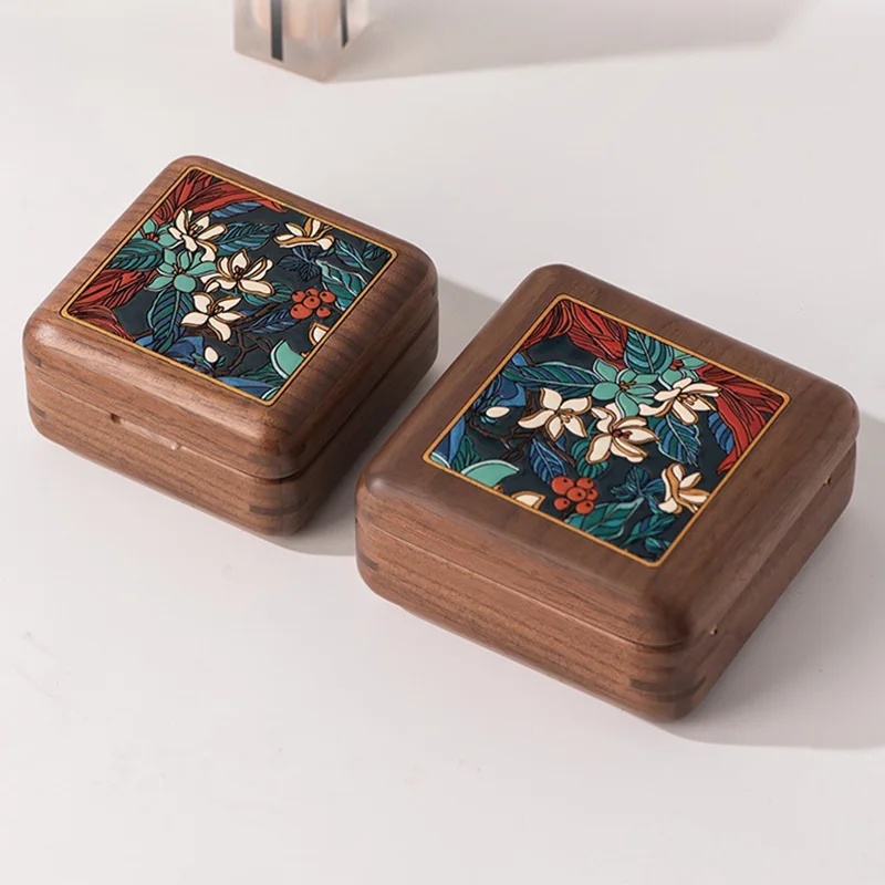 Retro Style Jewelry Box with Traditional Chinese Painting, Handmade Walnut Wood Storage Box for Earrings, Necklace, Home Decor