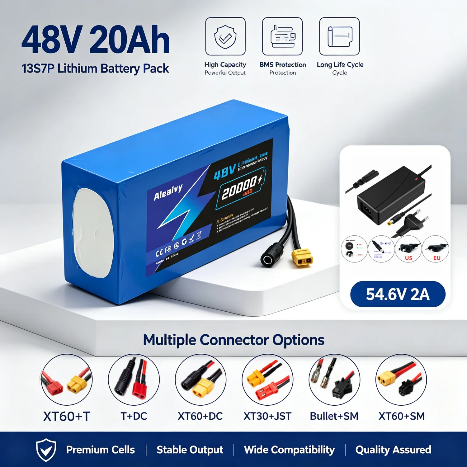 Aleaivy High Capacity 18650 48V 20Ah 10AH 16AH 13S7P Lithium Battery Pack Large Capacity Suitable for 250-1500W Built-in BMS