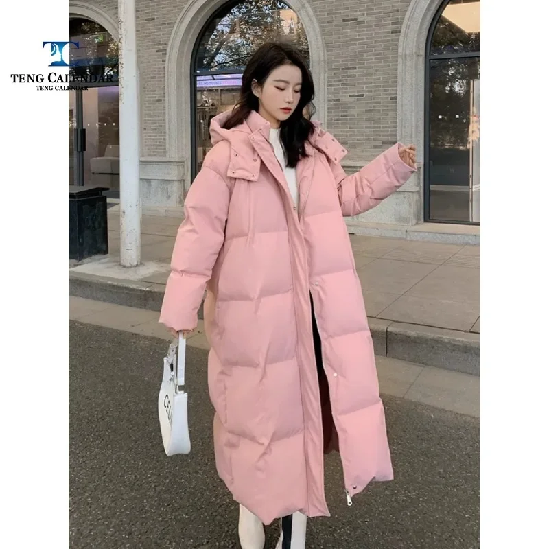 Down Cotton Jacket, Korean Style, Long Knee Length, Loose and Thick Hooded Cotton Jacket, Winter New Style, 2024