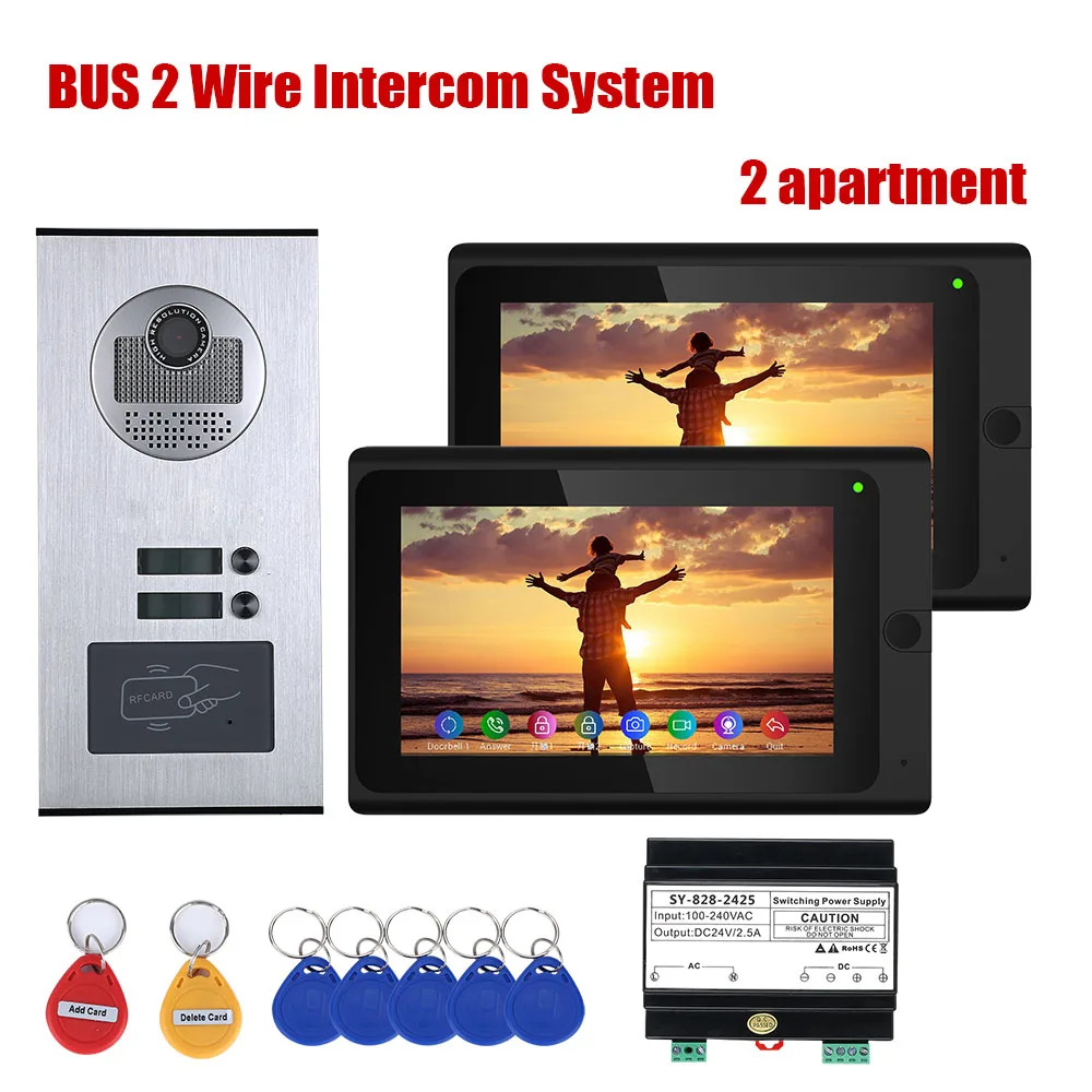 Kit de sistemas de intercomunicación para teléfono y puerta, WIFI con cable, 7 pulgadas, BUS, 2 cables, para el hogar, 2 unidades, apartamento, visión nocturna, compatible con aplicación remota