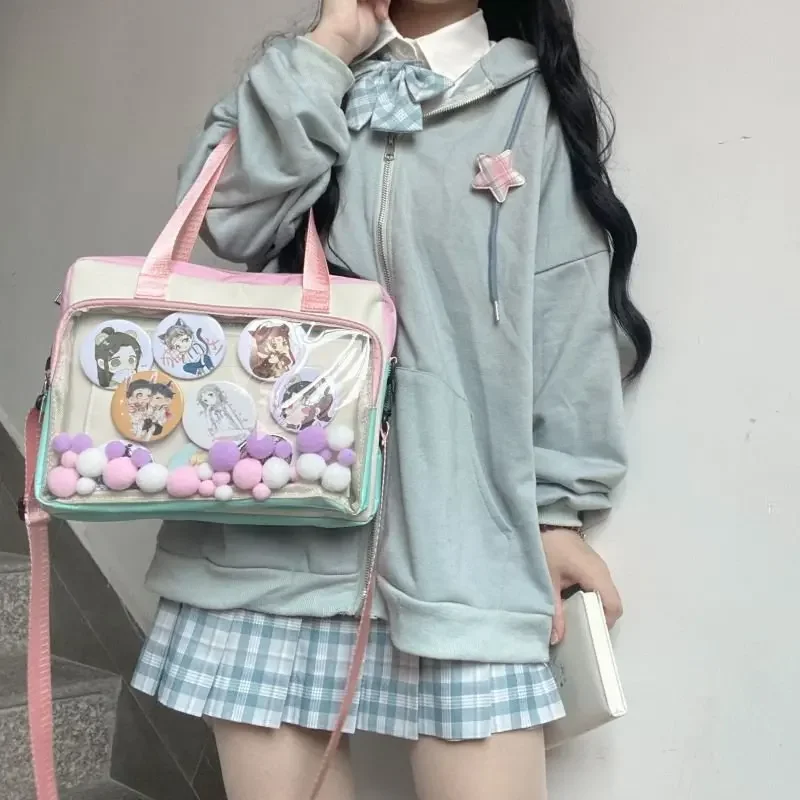 Fashion Japanese Ita bags 2024 new canvas transparent shoulder bags JK uniform handbags women chic contrast color Lolita bag