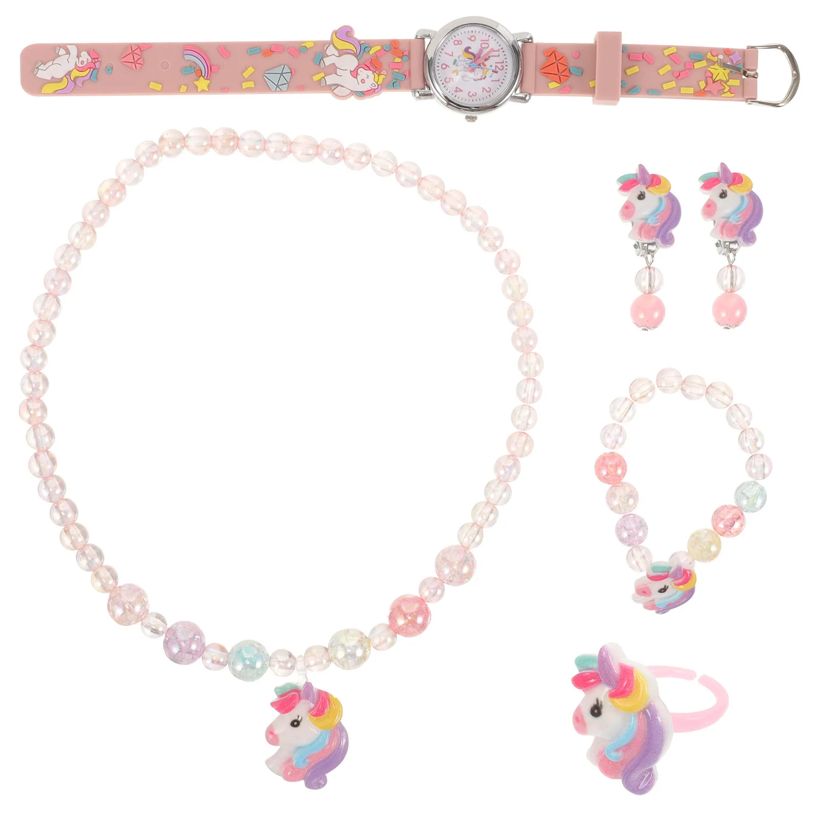

1Set Unicorn Jewelry Set Cute Watch Necklace Bracelet Clip on Earrings Ring Kids Girls Gift Accessories Little Girl Jewelry