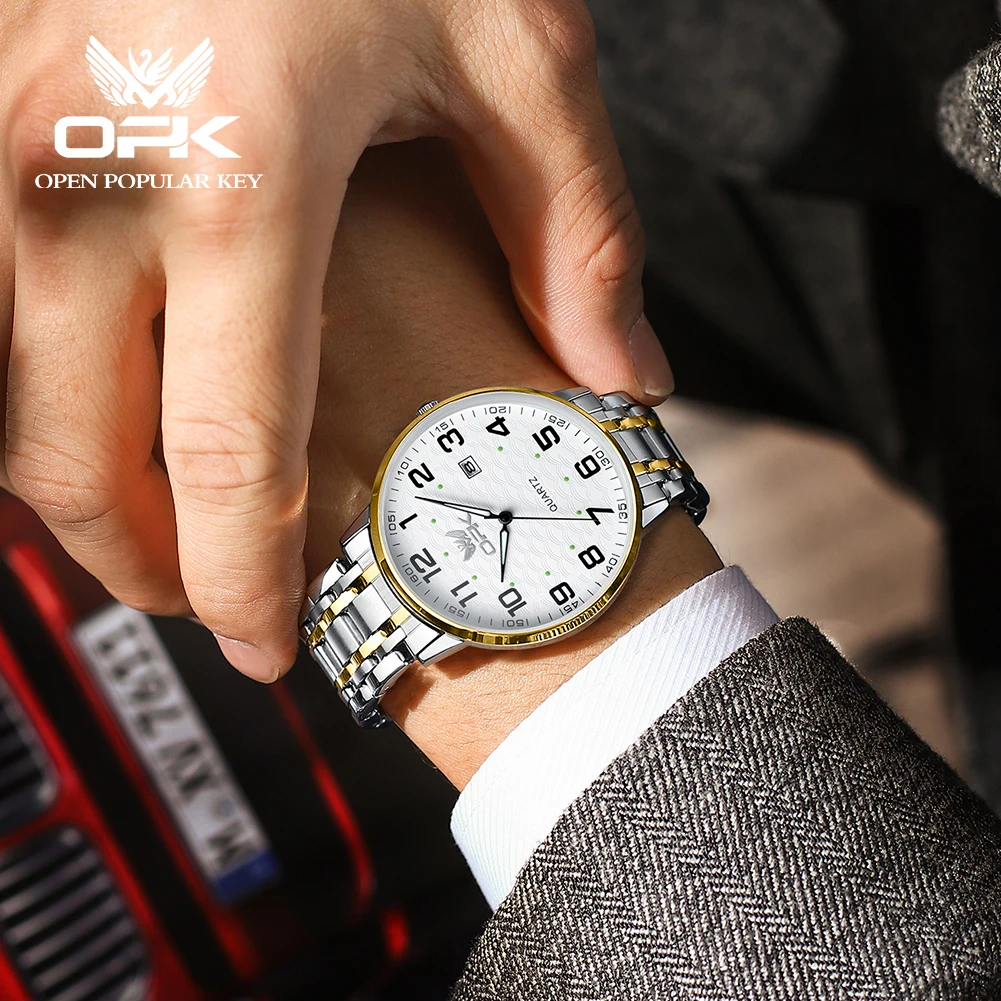 ساعة كوارتز للرجال بحزام فولاذية مقاومة للماء من OPK ، تقويم مفرد ، موضة ، موضة ، من تصميم عصري