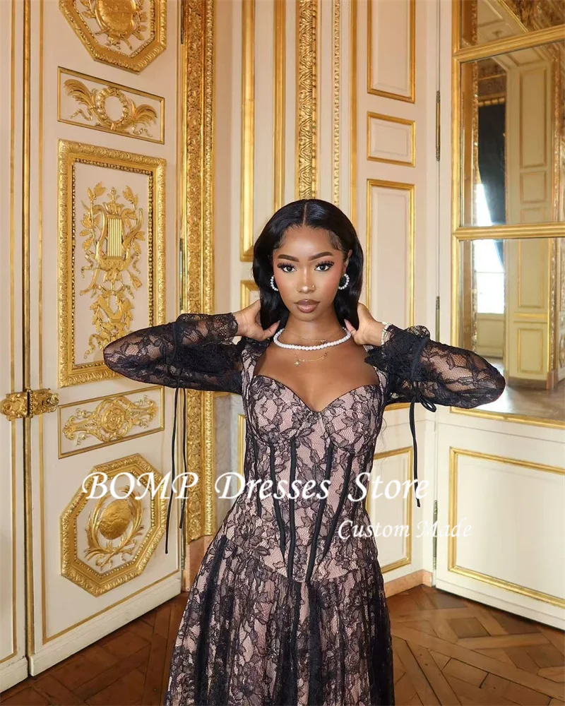 BOMP Sexy Sweetheart Lace Evening Party Dresses African Women Long Sleeves Tea Length Prom Gowns Formal Occasion Customized