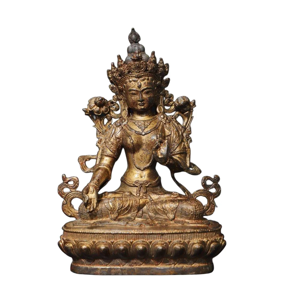 

Antique excellent Tibetan Green Tara Buddha Bronze Gilt Old Buddhism Statue 8"