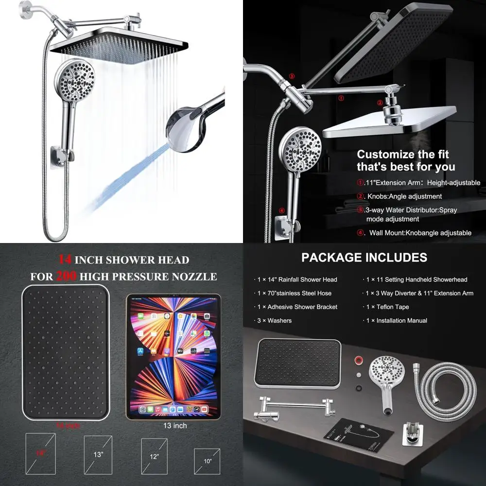 14 Premium Rainfall Shower with Handheld, Power Jets, Adjustable Spray, Double Shower Head, 70 Hose & Detachable Bracket for Mod