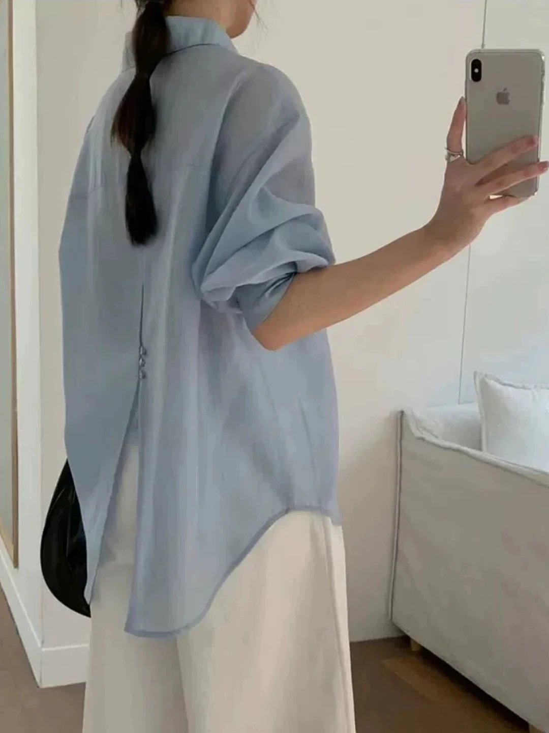 Sun Protection Loose Fit Lightweight Women's Shirt Back Split French Style Button Detailing Breathable Comfortable Summer Top