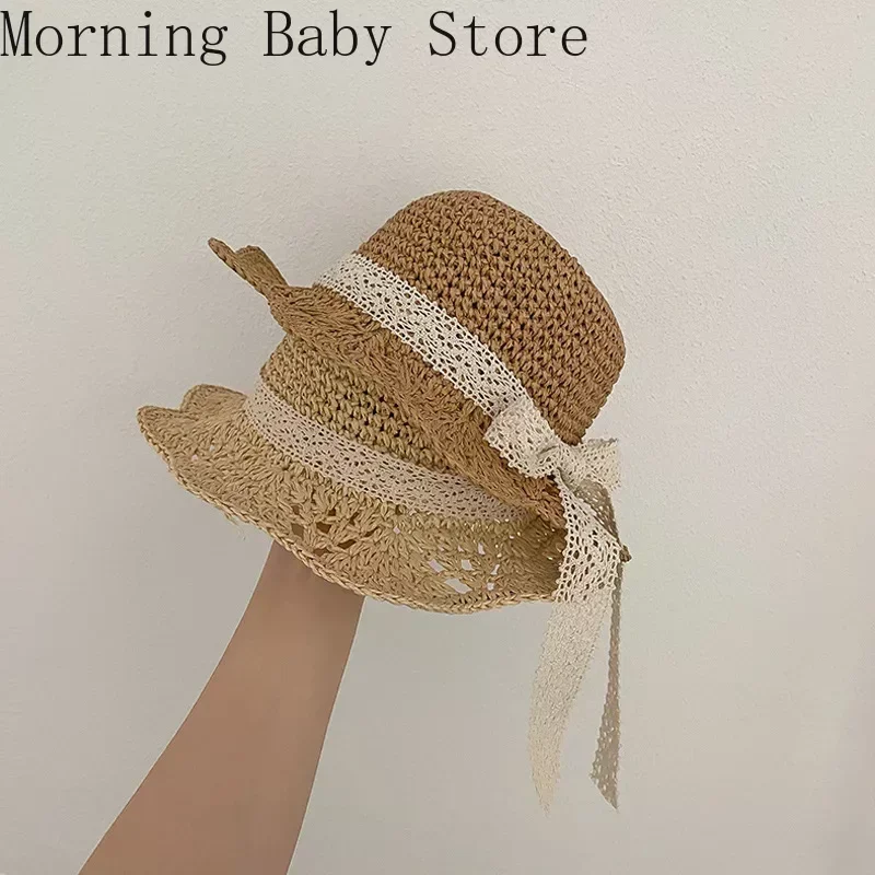 Lace Bow Straw Children\'s Summer Hat Sunshade Baby Girl Cap Sunscreen Beach Hat for 1-8 Years Kids Children\'s Accessories