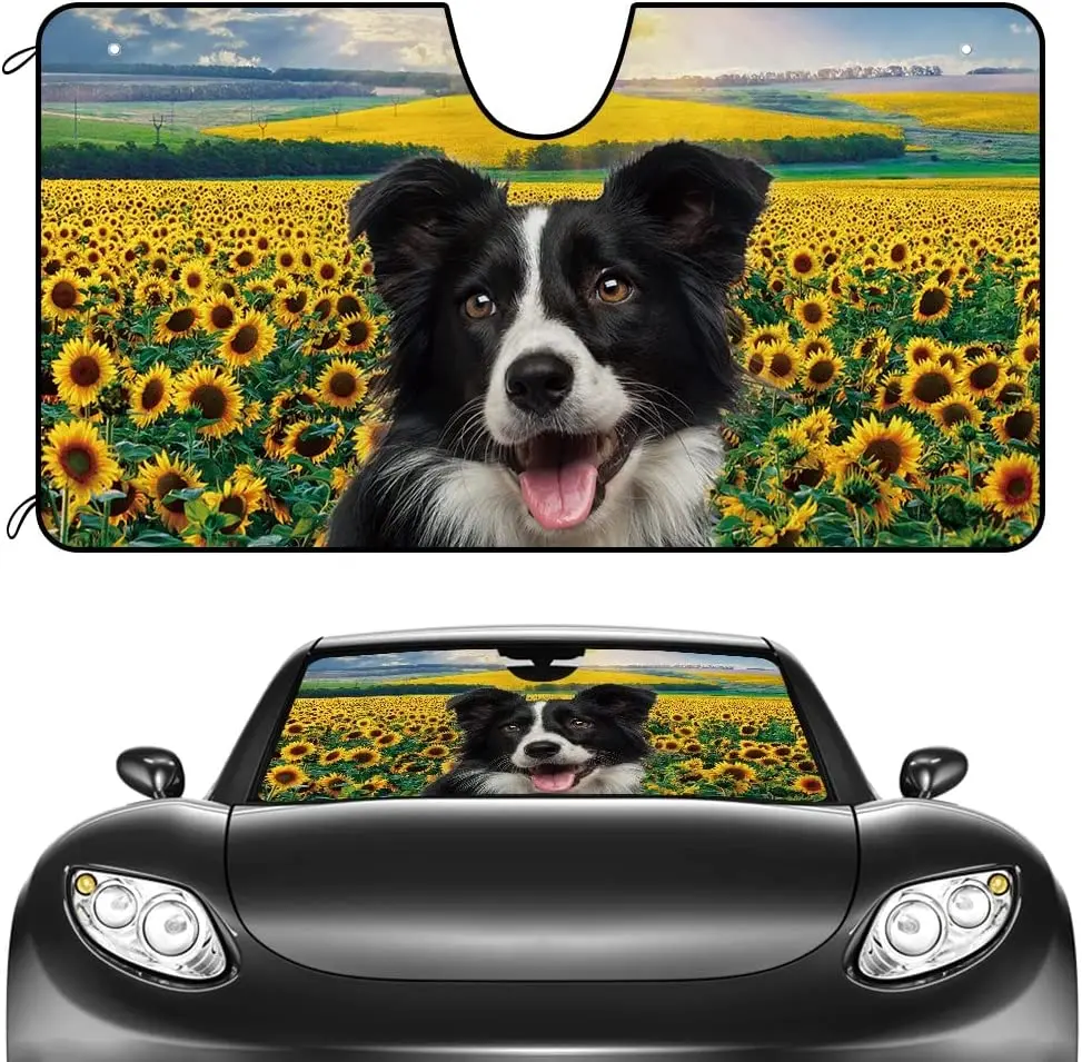 

CafeTime Dog Car Windshield Sunshade A Cute Border Collie Dog in The Sunflowers Decor Vehicle Front Windshield Sun Shade Visor U