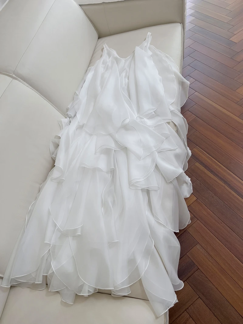 ชุดเดรสสีขาวแบบมีชั้นชายกระโปรงทรงเอ สไตล์เกาหลี เอวสูง ซิปด้านหน้า ความยาวปานกลาง สำหรับผู้หญิง