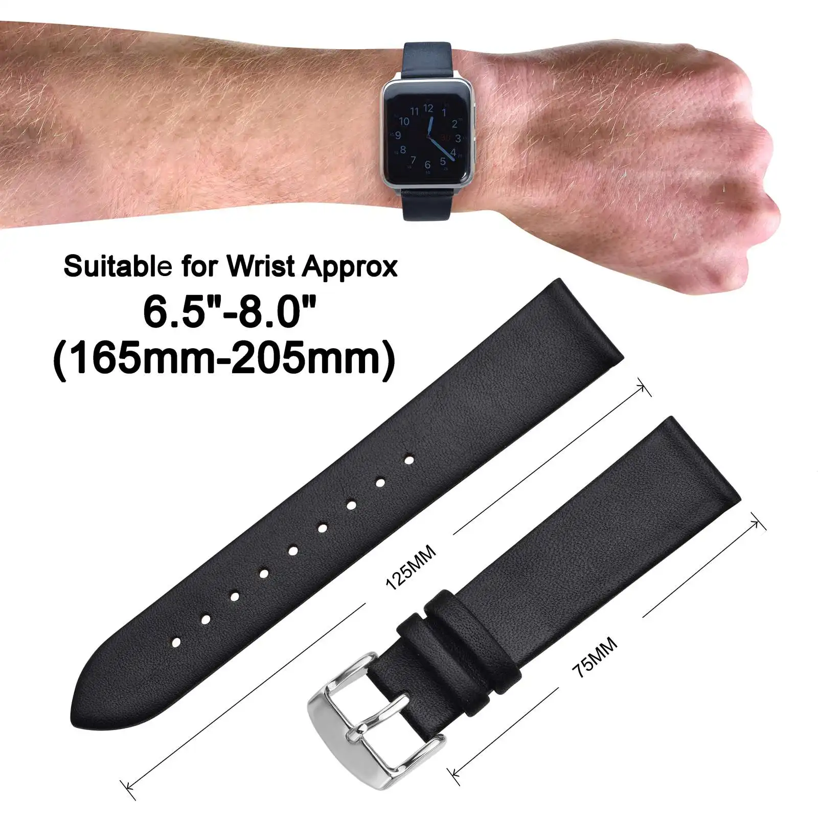 ANNEFIT Watch Straps 16mm 18mm 20mm 22mm Genuine Calfskin Leather Band with Stainless Steel Buckle for Men and Women