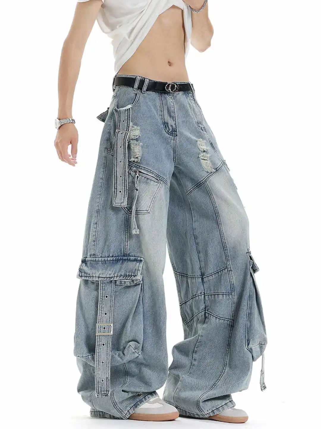 

Women Blue Baggy Y2k Ripped Cargo Jeans 90s Vintage Harajuku Jean Pants Japanese 2000s Style Oversize Denim Trousers Autumn 2025