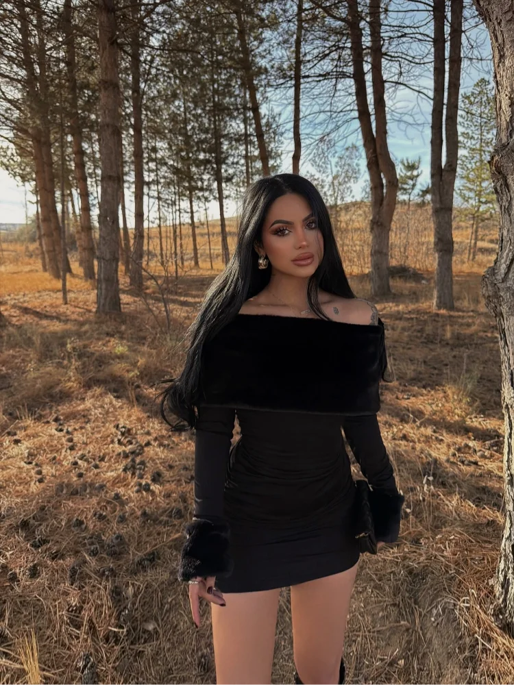 فستان قصير أنيق بكتف واحد مُزين بقطع الفراء بلون واحد للنساء فساتين بخصر كامل وأكمام طويلة للسيدات للحفلات المسائية #1