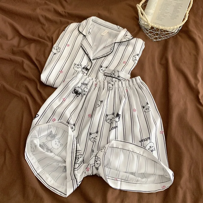 Summer High Quality Women's Cool Ice Silk Pajamas Short Sleeved Turn-Down Collar 2 Piece Pajamas Set Korean Casual Soft Homewear